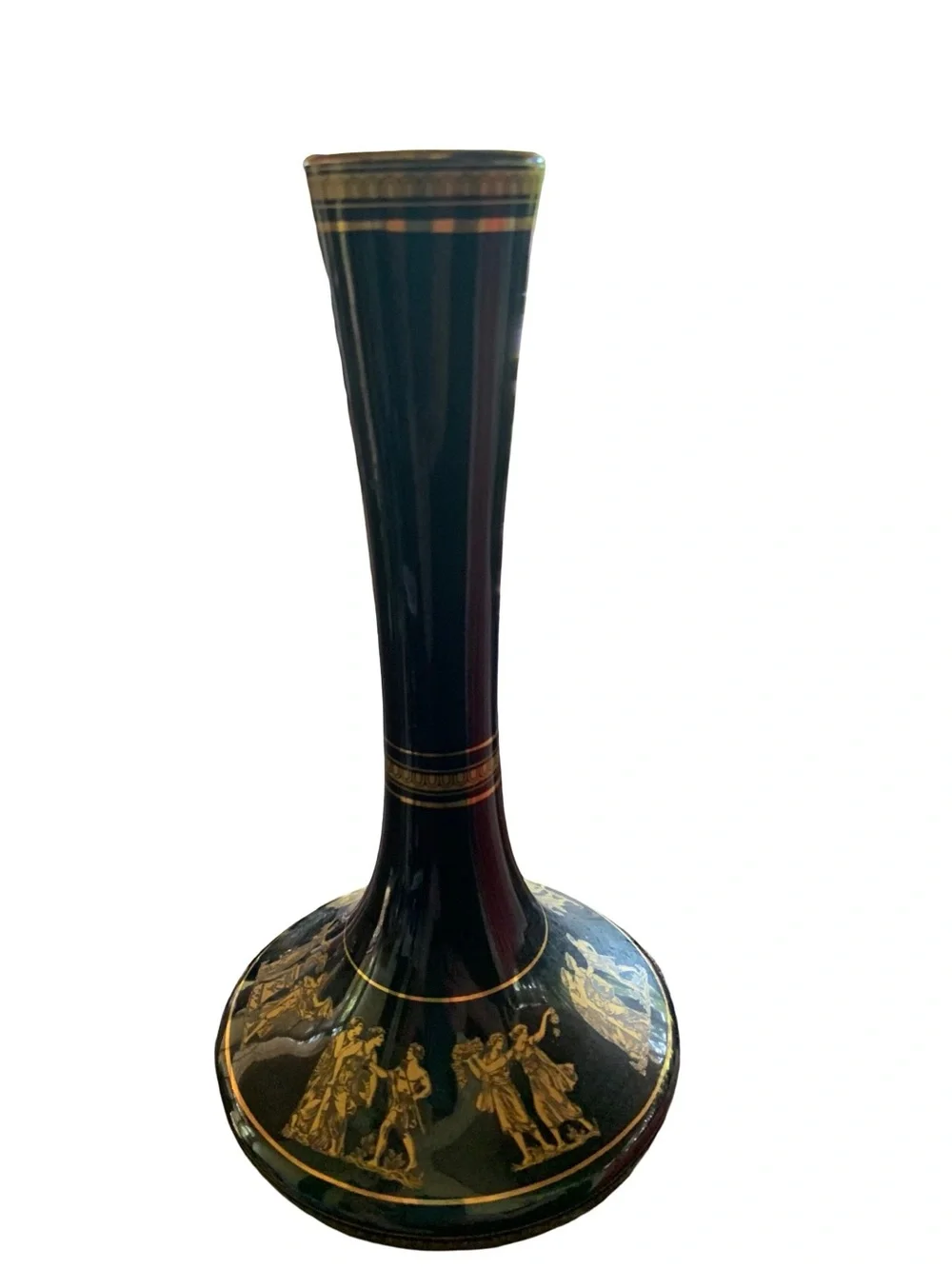 Vintage Spyropoulos Blueblack Porcelain Vase w/24k Gold Trim, Hellenistic Scenes